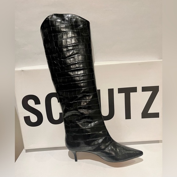 Schutz NWT 8.5 Black Maryana Lo Boots Croc embossed black leather - Picture 4 of 7